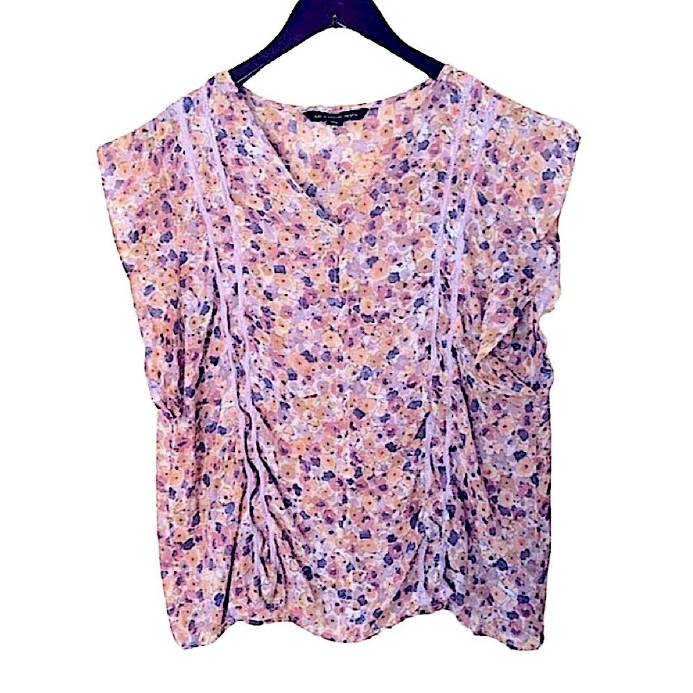 Zac & Rachel Floral Boho Short Sleeve V-Neck Flowy Sheer Blouse Top Size Large P